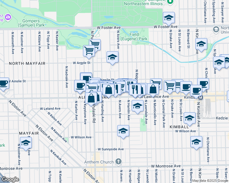map of restaurants, bars, coffee shops, grocery stores, and more near 4821 North Springfield Avenue in Chicago