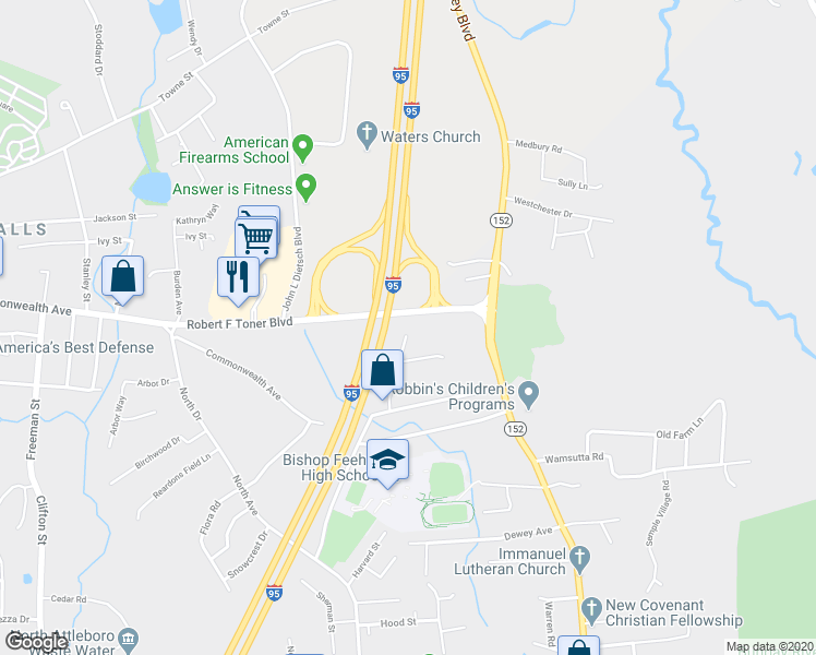 map of restaurants, bars, coffee shops, grocery stores, and more near 76 Quincy Way in Attleboro