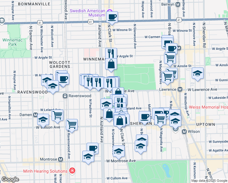 map of restaurants, bars, coffee shops, grocery stores, and more near 4751 North Clark Street in Chicago