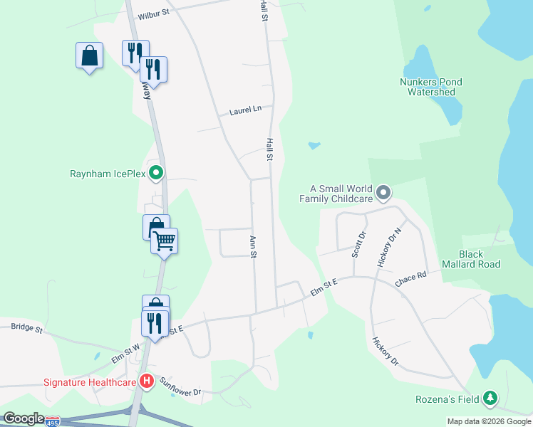 map of restaurants, bars, coffee shops, grocery stores, and more near 142 Hall Street in Raynham