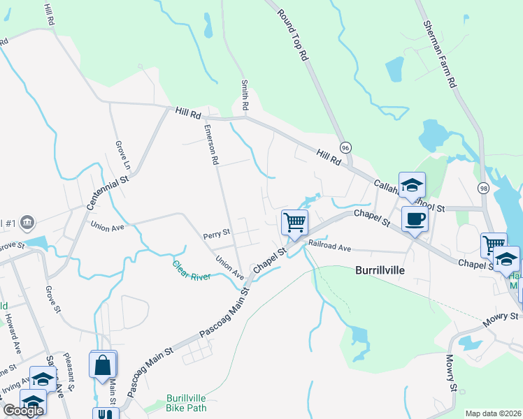map of restaurants, bars, coffee shops, grocery stores, and more near 72 Sanwood Drive in Burrillville