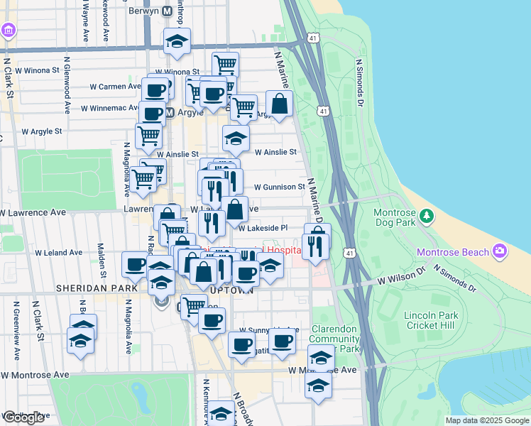 map of restaurants, bars, coffee shops, grocery stores, and more near 858 West Lakeside Place in Chicago