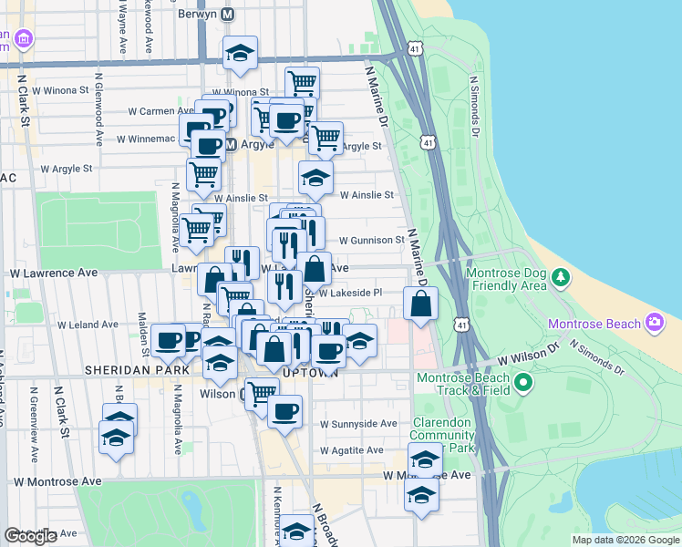 map of restaurants, bars, coffee shops, grocery stores, and more near 4759 North Sheridan Road in Chicago