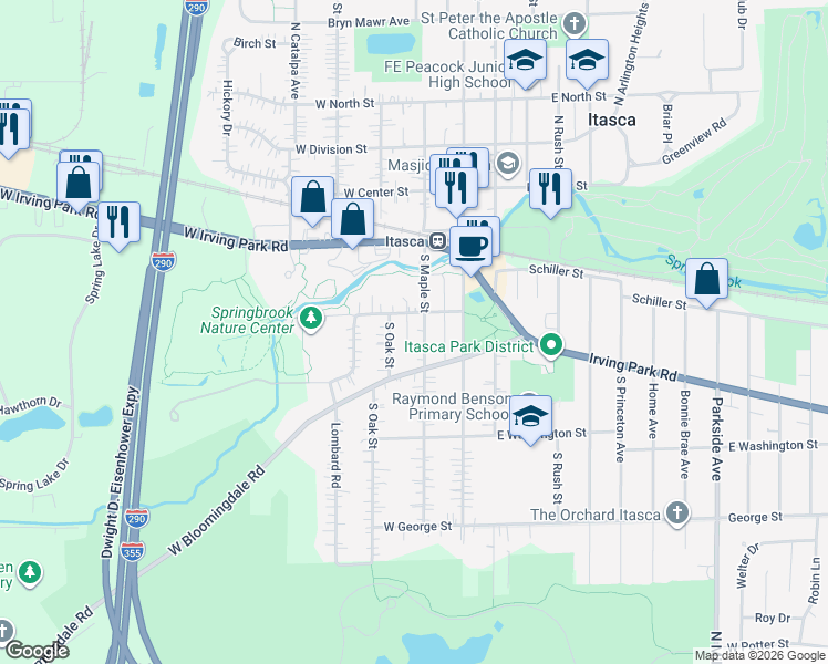 map of restaurants, bars, coffee shops, grocery stores, and more near 225 South Oak Street in Itasca