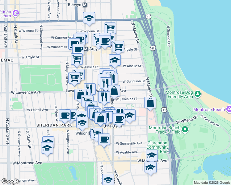 map of restaurants, bars, coffee shops, grocery stores, and more near 4759 North Sheridan Road in Chicago