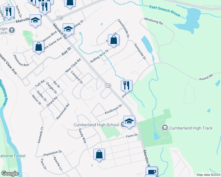 map of restaurants, bars, coffee shops, grocery stores, and more near 2864 Mendon Road in Cumberland
