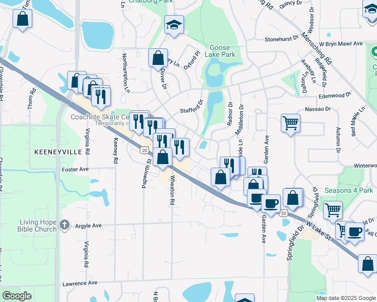 map of restaurants, bars, coffee shops, grocery stores, and more near 746 Prescott Drive in Roselle