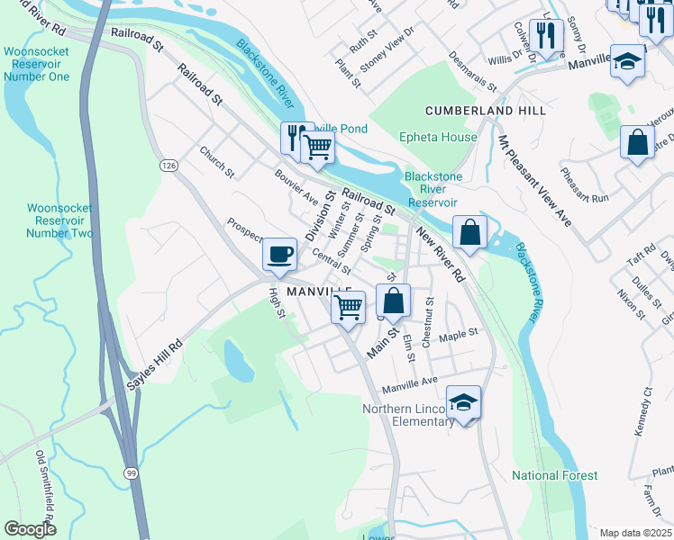 map of restaurants, bars, coffee shops, grocery stores, and more near 52 Central Street in Lincoln
