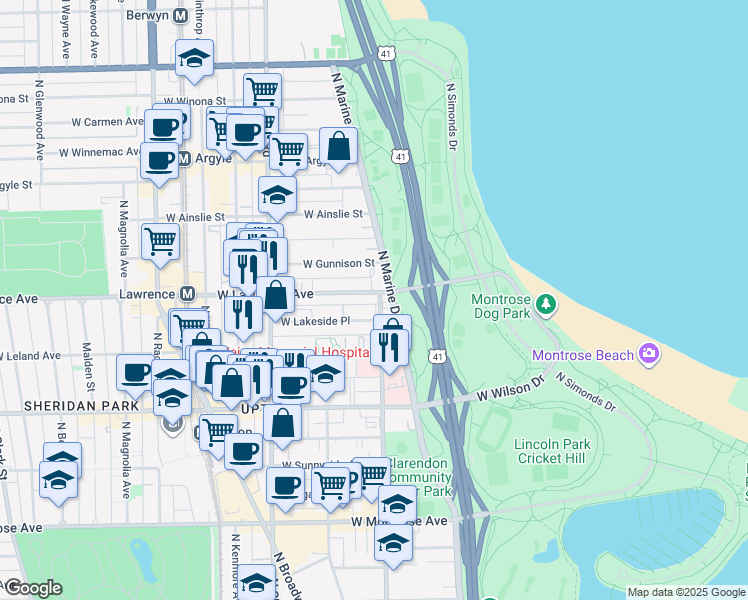 map of restaurants, bars, coffee shops, grocery stores, and more near 818 West Lakeside Place in Chicago