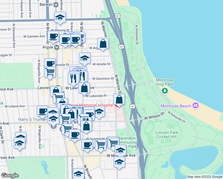 map of restaurants, bars, coffee shops, grocery stores, and more near 818 West Lakeside Place in Chicago