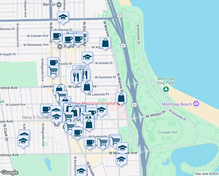 map of restaurants, bars, coffee shops, grocery stores, and more near 818 West Lakeside Place in Chicago