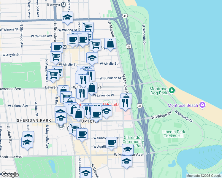 map of restaurants, bars, coffee shops, grocery stores, and more near 858 West Lakeside Place in Chicago