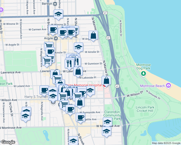 map of restaurants, bars, coffee shops, grocery stores, and more near 858 West Lakeside Place in Chicago