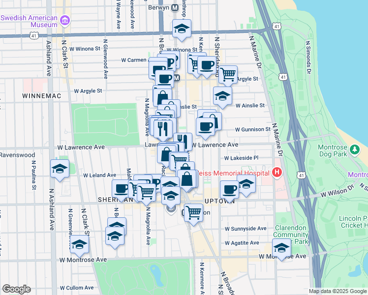map of restaurants, bars, coffee shops, grocery stores, and more near 1123 West Lawrence Avenue in Chicago