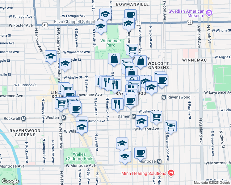 map of restaurants, bars, coffee shops, grocery stores, and more near 2045 West Lawrence Avenue in Chicago