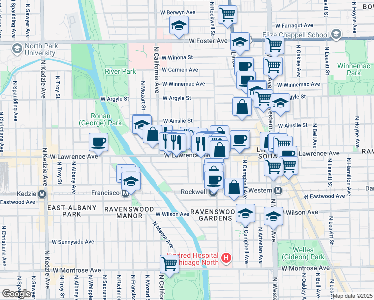 map of restaurants, bars, coffee shops, grocery stores, and more near in Chicago