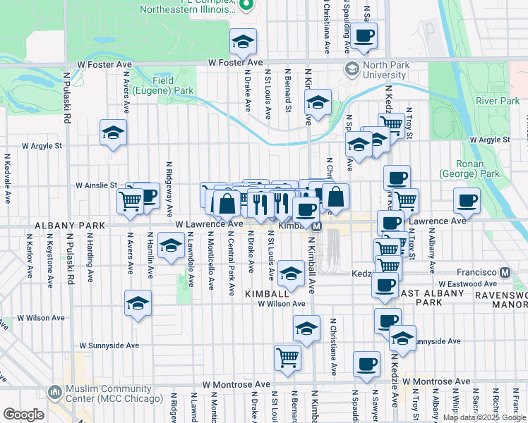 map of restaurants, bars, coffee shops, grocery stores, and more near 3456 West Lawrence Avenue in Chicago