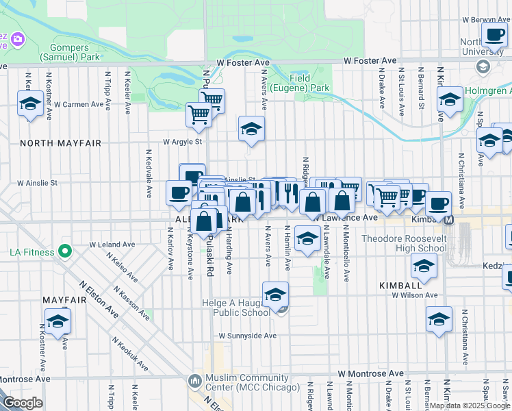 map of restaurants, bars, coffee shops, grocery stores, and more near 4804 North Avers Avenue in Chicago
