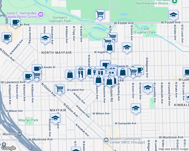 map of restaurants, bars, coffee shops, grocery stores, and more near 4047 West Lawrence Avenue in Chicago