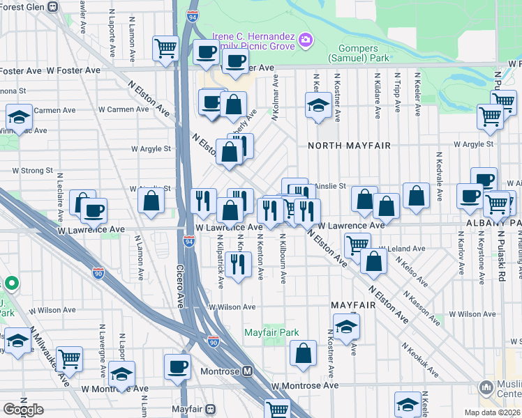 map of restaurants, bars, coffee shops, grocery stores, and more near 4522 West Lawrence Avenue in Chicago