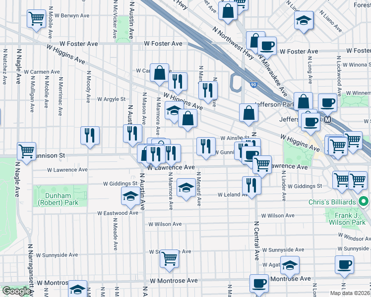 map of restaurants, bars, coffee shops, grocery stores, and more near 5827 West Gunnison Street in Chicago