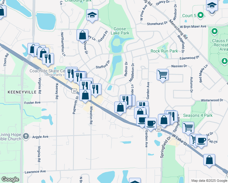 map of restaurants, bars, coffee shops, grocery stores, and more near 718 Rodenburg Road in Roselle