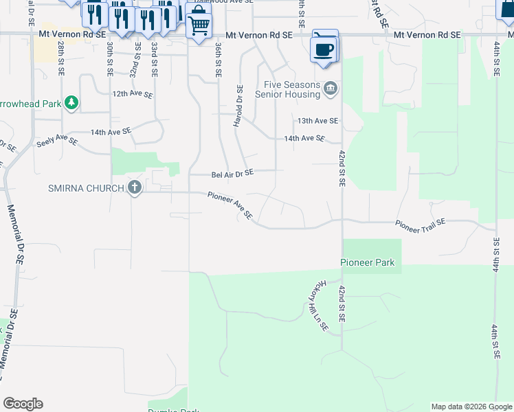 map of restaurants, bars, coffee shops, grocery stores, and more near 3725 Pioneer Avenue Southeast in Cedar Rapids