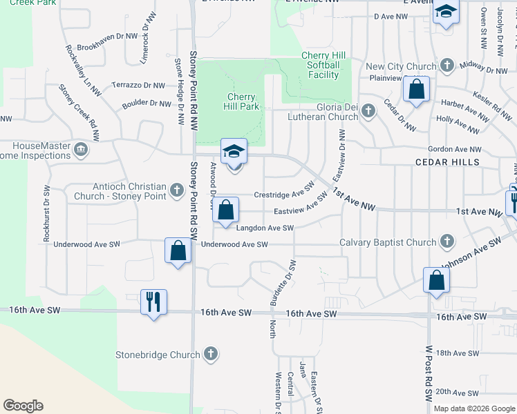 map of restaurants, bars, coffee shops, grocery stores, and more near 233 Broadmore Road Southwest in Cedar Rapids