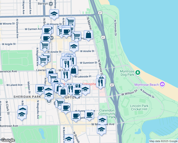 map of restaurants, bars, coffee shops, grocery stores, and more near 858 West Lakeside Place in Chicago