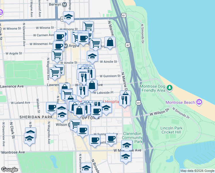map of restaurants, bars, coffee shops, grocery stores, and more near 858 West Lakeside Place in Chicago