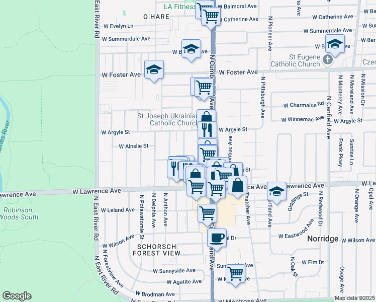 map of restaurants, bars, coffee shops, grocery stores, and more near 8500 North Clifton Avenue in Norridge