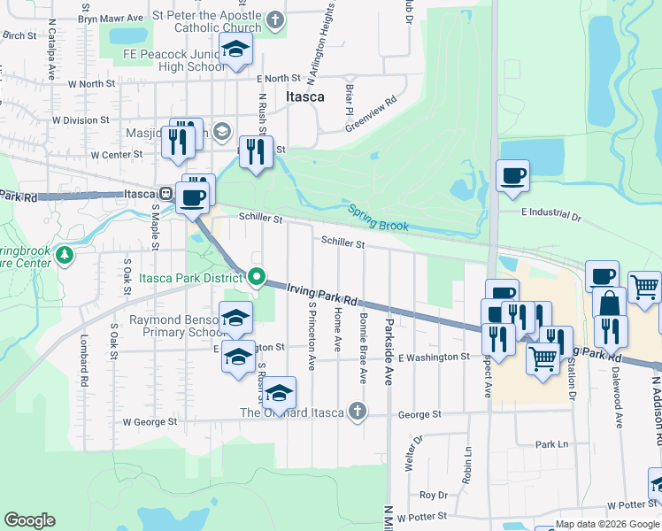 map of restaurants, bars, coffee shops, grocery stores, and more near 253 South Princeton Avenue in Itasca
