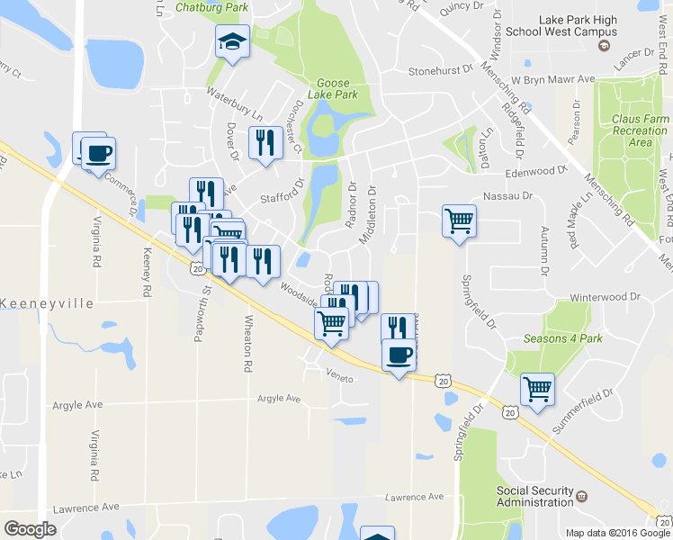 map of restaurants, bars, coffee shops, grocery stores, and more near 755 Rodenburg Road in Roselle