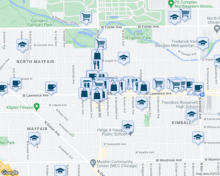 map of restaurants, bars, coffee shops, grocery stores, and more near 4804 North Springfield Avenue in Chicago