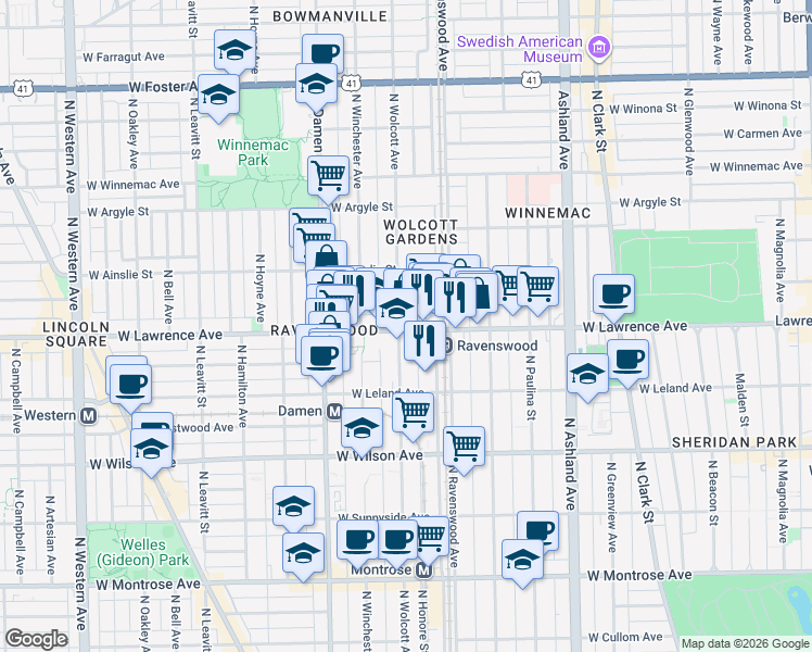 map of restaurants, bars, coffee shops, grocery stores, and more near 1836 West Lawrence Avenue in Chicago