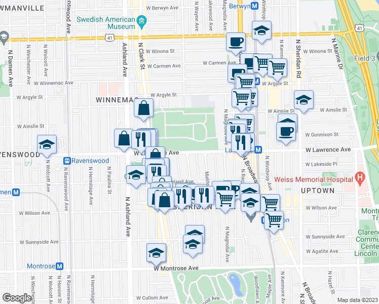 map of restaurants, bars, coffee shops, grocery stores, and more near W Lawrence Ave & N Beacon St in Chicago