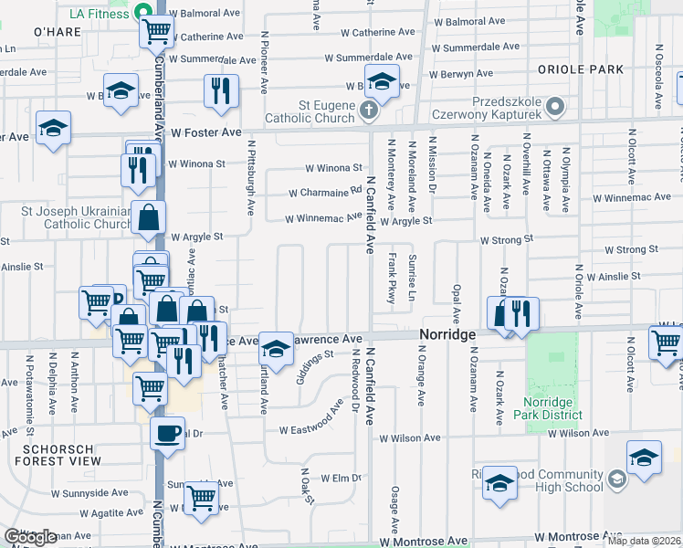 map of restaurants, bars, coffee shops, grocery stores, and more near 4852 North Redwood Drive in Norridge