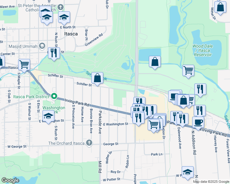 map of restaurants, bars, coffee shops, grocery stores, and more near 218 Broker Avenue in Itasca