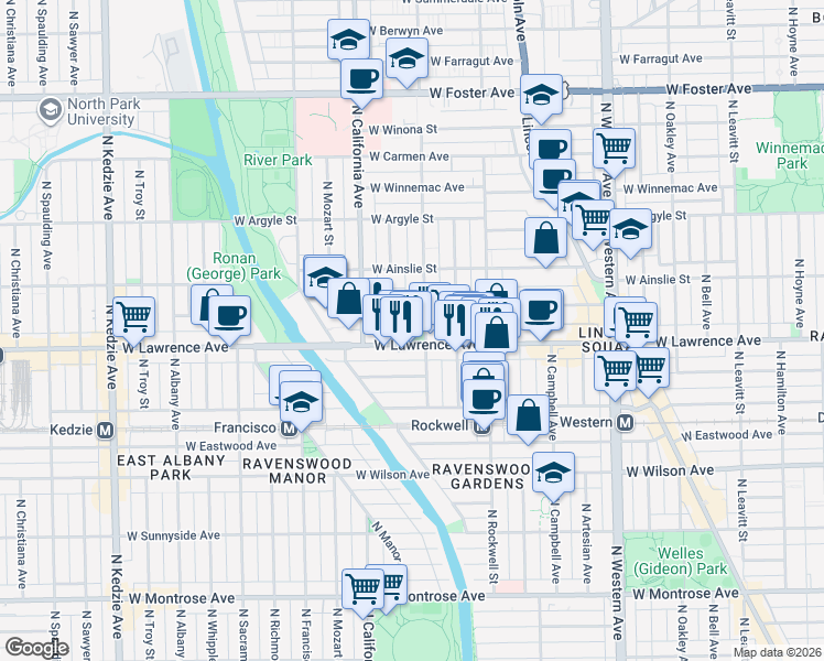map of restaurants, bars, coffee shops, grocery stores, and more near 2708 West Lawrence Avenue in Chicago