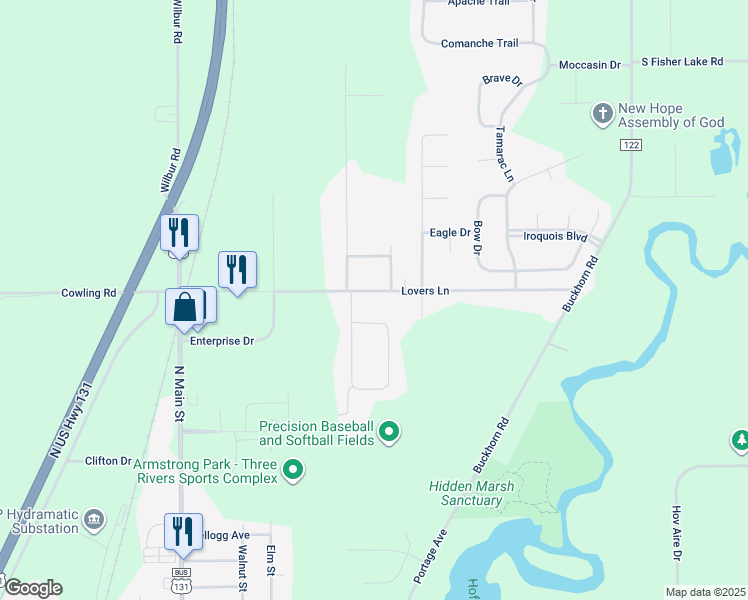 map of restaurants, bars, coffee shops, grocery stores, and more near 16950 Kathy Drive in Three Rivers