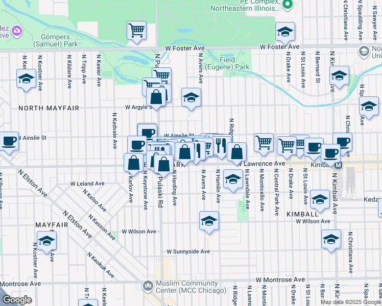 map of restaurants, bars, coffee shops, grocery stores, and more near 4823 North Springfield Avenue in Chicago