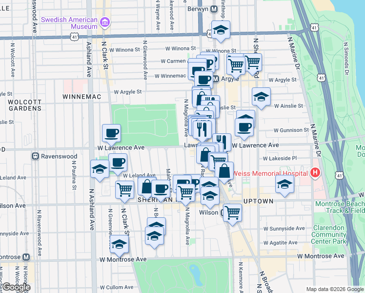 map of restaurants, bars, coffee shops, grocery stores, and more near W Lawrence Ave & N Magnolia Ave in Chicago