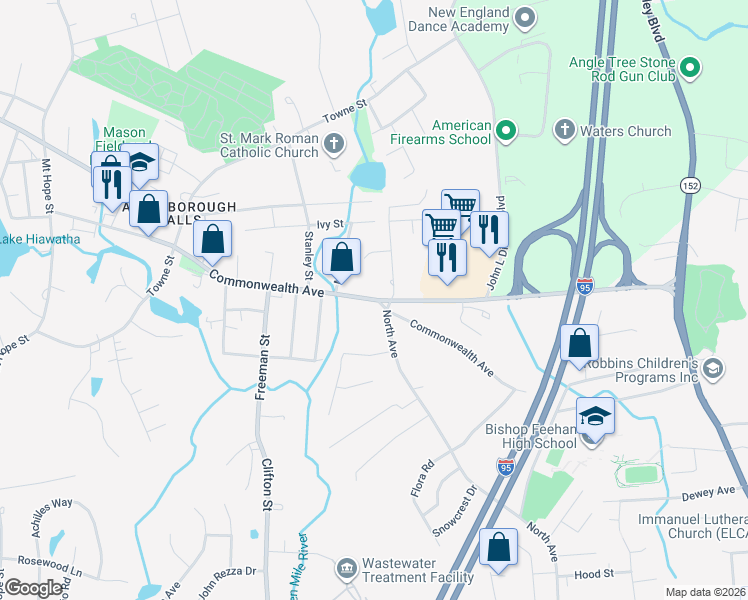 map of restaurants, bars, coffee shops, grocery stores, and more near Commonwealth Avenue in North Attleborough