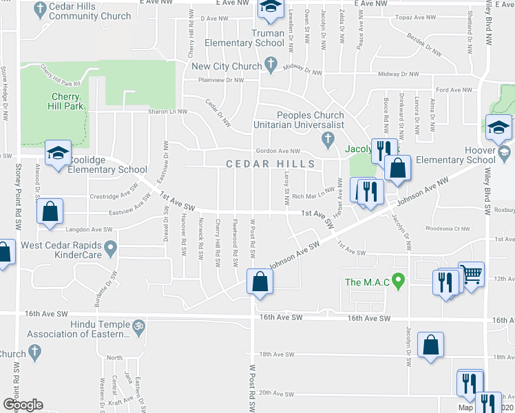 map of restaurants, bars, coffee shops, grocery stores, and more near 35 West Post Road Northwest in Cedar Rapids