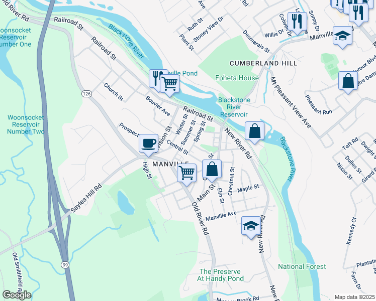 map of restaurants, bars, coffee shops, grocery stores, and more near 99 Spring Street in Lincoln