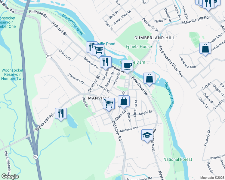 map of restaurants, bars, coffee shops, grocery stores, and more near 52 Central Street in Lincoln
