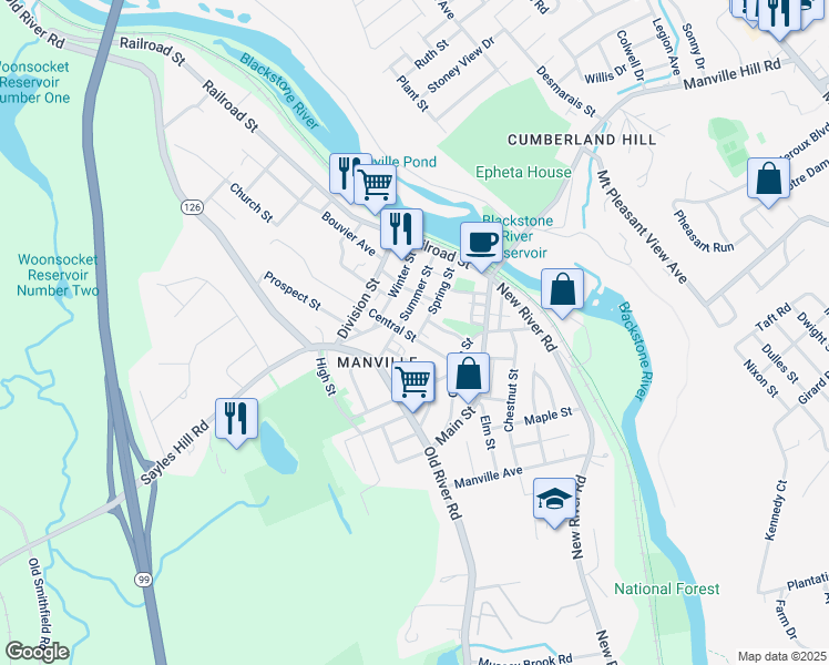 map of restaurants, bars, coffee shops, grocery stores, and more near 52 Central Street in Lincoln