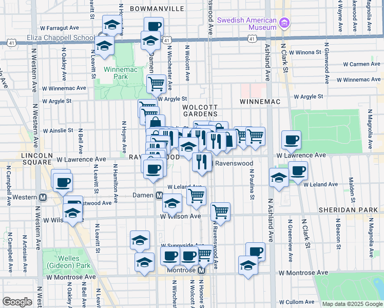 map of restaurants, bars, coffee shops, grocery stores, and more near 4728 North Wolcott Avenue in Chicago