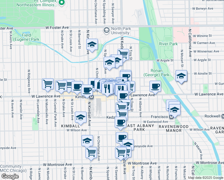 map of restaurants, bars, coffee shops, grocery stores, and more near 3222 West Lawrence Avenue in Chicago