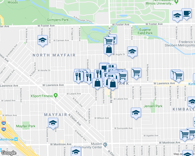 map of restaurants, bars, coffee shops, grocery stores, and more near 4047 West Lawrence Avenue in Chicago